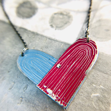 Cornflower & Magenta Etched Tin Heart Recycled Necklace