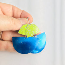 Load image into Gallery viewer, Shimmery Blue &amp; Bright Green Boats Upcycled Tin Earrings