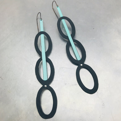 Mod Black Ovals & Aqua Upcycled Vintage Tin Long Mod Earrings