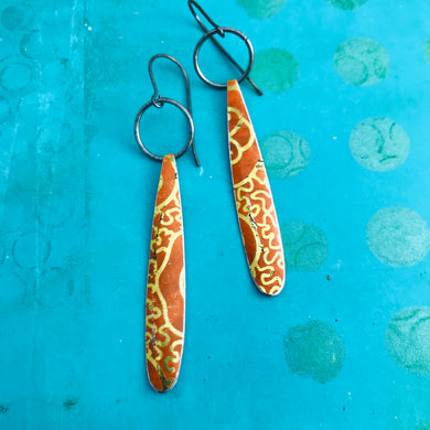 Golden Filigree On Orange Teardrops Upcycled Tin Earrings