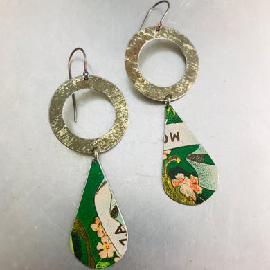 Antiqued Golden Ring & Pink Flowers Tin Long Teardrops Earrings