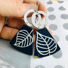 Load image into Gallery viewer, Big Leaves on Midnight Blue Small Fan Tin Earrings