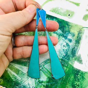 Bright Blue & Long Turquoise Narrow Kites Recycled Tin Earrings