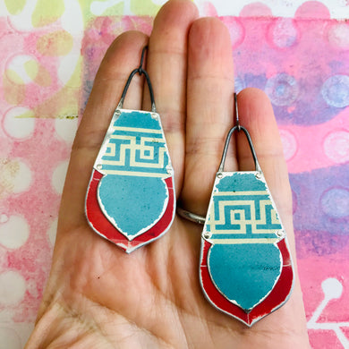 Maze on Dusty Blue & Scarlet Recycled Tin Earrings