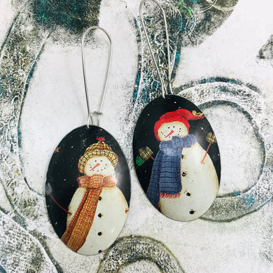 RESERVED Rustic Snowmen Large Ovals Tin Earrings