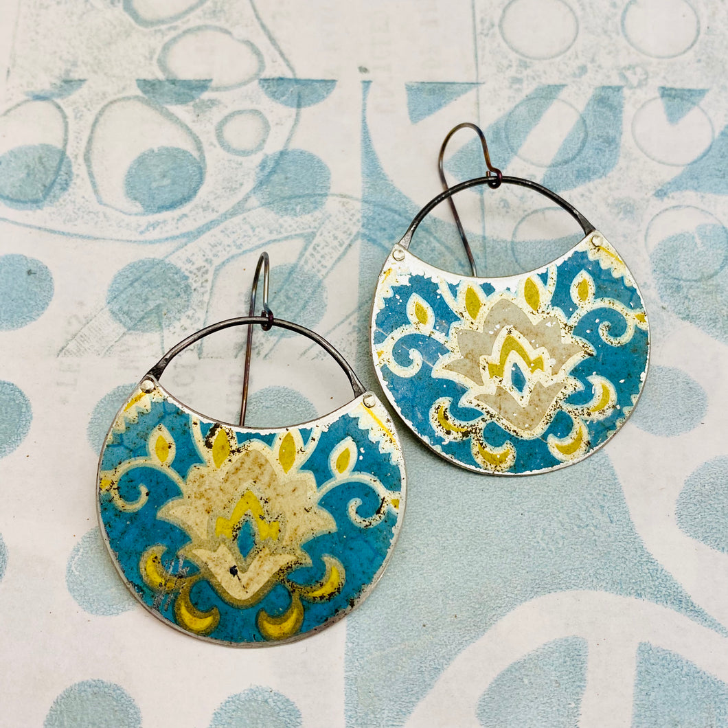 Distressed Vintage Blues Upcycled Circle Earrings