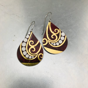 Dotted Spirals on Maroon Upcycled Teardrop Tin Earrings