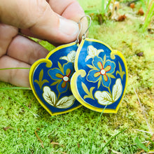 Load image into Gallery viewer, Big Blue Flowers in Yellow Frame Upcycled Tin Earrings