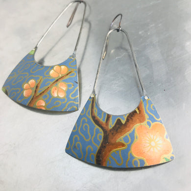 Cherry Blossoms on Blue Upcycled Tin Fan Earrings