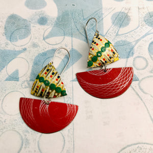 Red Spirograph and Vintage Dots Little Sailboats Tin Earrings