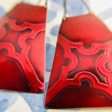 Load image into Gallery viewer, Rich Red Embossed Upcycled Tin Long Fans Earrings