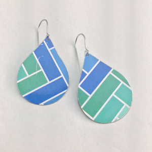 Blue & Green Subway Tile Pattern Upcycled Teardrop Tin Earrings by adaptive reuse jewelry