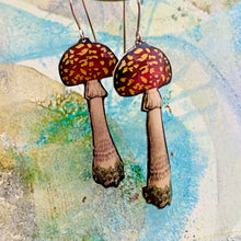 Load image into Gallery viewer, Dotty Red Capped Mushrooms Upcycled Tin Earrings