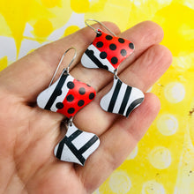 Load image into Gallery viewer, Black and White and Red Mixed Pattern Rex Ray Zero Waste Tin Earrings