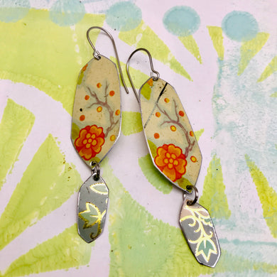 Vintage Orange Flowers Rounded Hex Recycled Tin Earrings