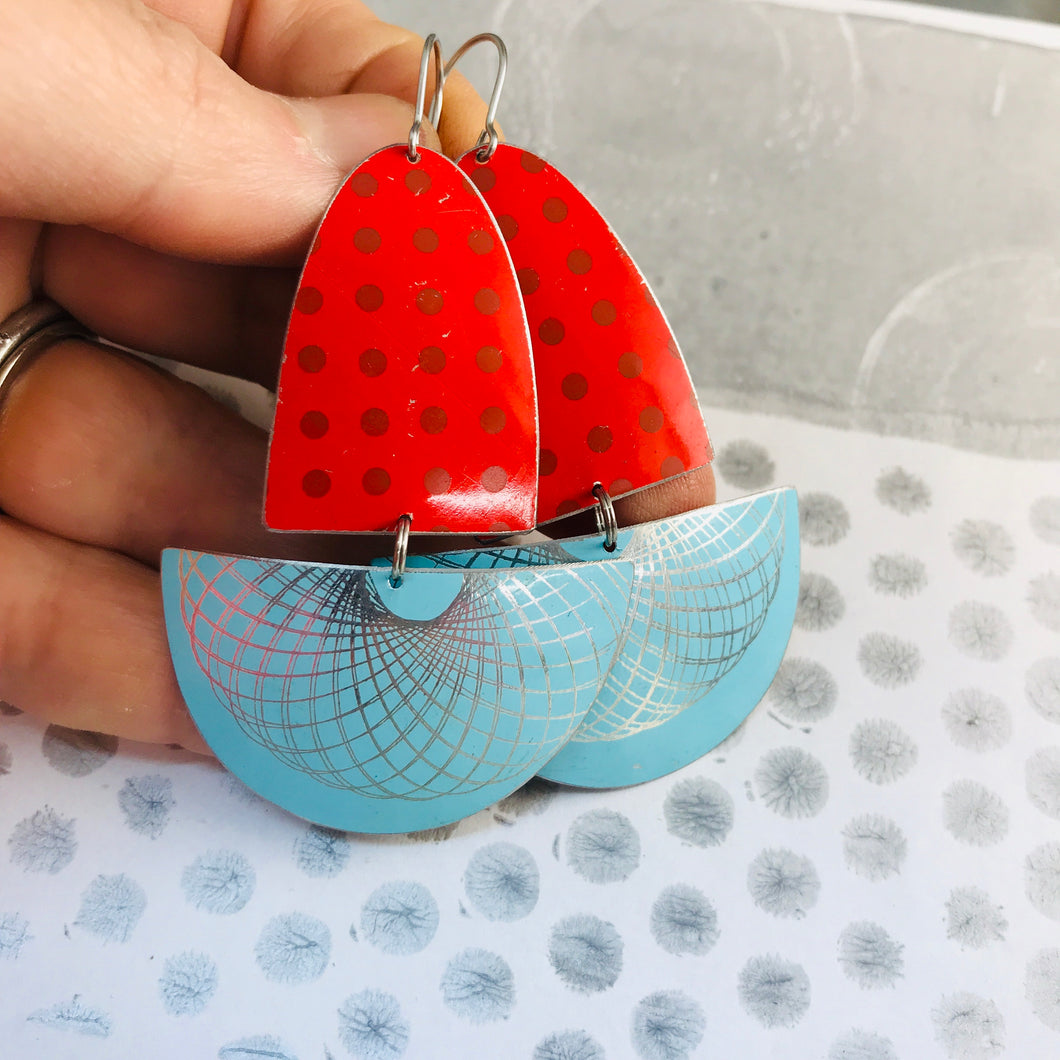 Red Polka Dots & Aqua Spirograph Upcycled Tin Boat Earrings