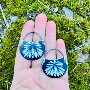 Flower Burst on Deep Blueberry Circles Upcycled Tin Earrings