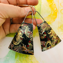 Load image into Gallery viewer, There Be Dragons Upcycled Tin Long Fans Earrings