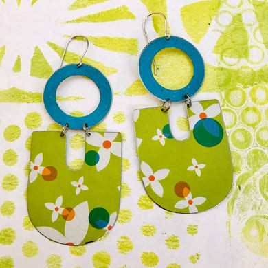 White Flowers on Spring Green Chunky Horseshoes Zero Waste Tin Earrings