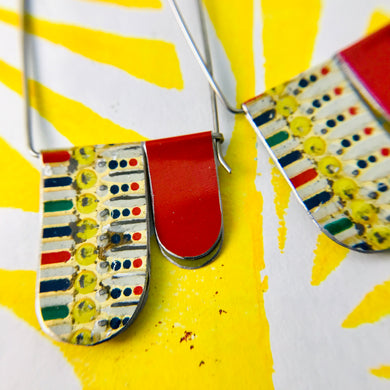 Mosaic Dots & Red Arch Dangle Tin Earrings