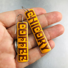 Load image into Gallery viewer, Cafe Coffee Typography Upcycled Tin Earrings by Christine Terrell for adaptive reuse jewelry