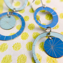 Load image into Gallery viewer, Pale Blue &amp; Cornflower Silver Starburst Multi Circles Upcycled Tin Earrings