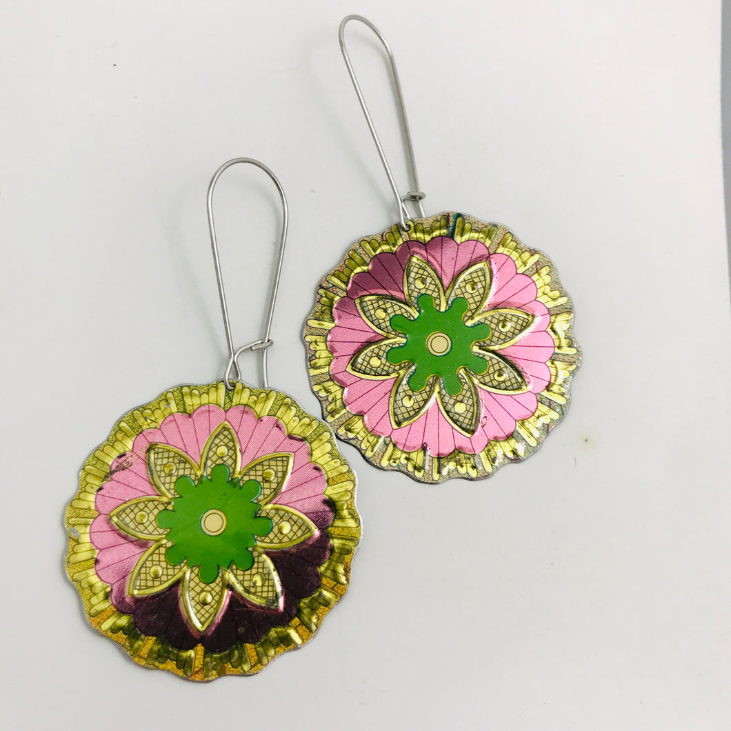 RESERVED Shimmery Vintage Flower Big Circle Tin Earrings