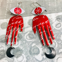 Load image into Gallery viewer, Red Cursive Hand Talisman Zero Waste Tin Earrings