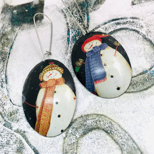 RESERVED Rustic Snowmen Large Ovals Tin Earrings