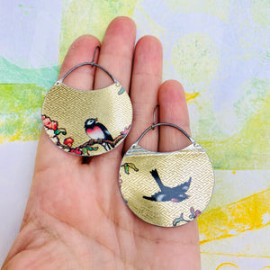 Songbirds on Golden Pattern Circles Upcycled Tin Earrings