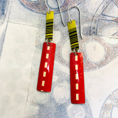 Yellow Bar Code & Red Dashed Rectangles Recycled Tin Earrings