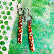 Load image into Gallery viewer, Tiny Orange Flowers on Brick Long Teardrop Upcycled Tin Earrings