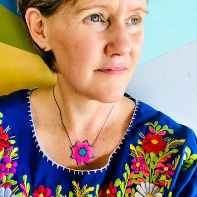 Bright Pink Blossom Upcycled Tin Necklace