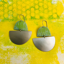 Load image into Gallery viewer, Antiqued Green &amp; Pewter Upcycled Tin Boat Earrings
