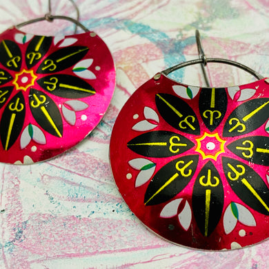 Midnight Mandala on Magenta Circles Upcycled Tin Earrings