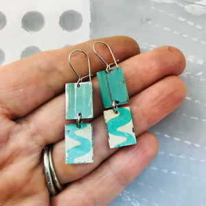 Vintage Aqua Waves Upcycled Rectangles Tin Earrings