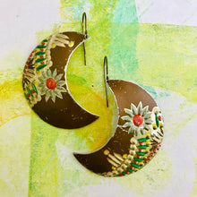 Load image into Gallery viewer, Pale Blue Flowers on Mocha Big Moons Upcycled Tin Earrings