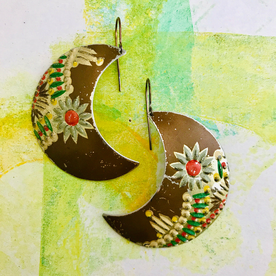 Pale Blue Flowers on Mocha Big Moons Upcycled Tin Earrings