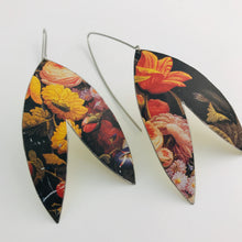 Load image into Gallery viewer, Floral Bouquet on Black Double Leaf Upcycled Tin Earrings