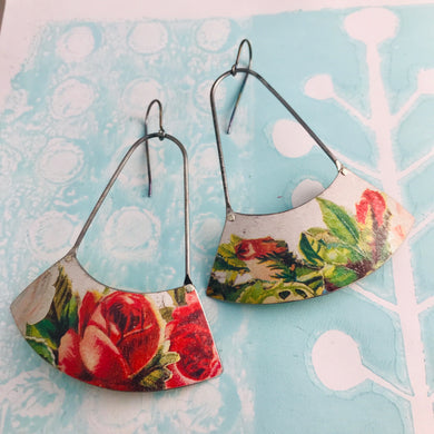 Red Roses on White Wide Arc Zero Waste Earrings