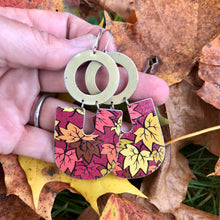 Load image into Gallery viewer, Falling Leaves on Maroon Chunky Horseshoe Tin Earrings