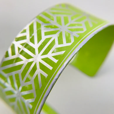 Geometric Silver Pattern On Spring Green Upcycled Tin Cuff