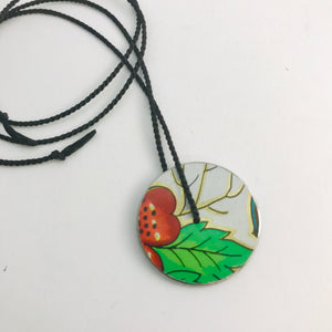 Vintage Orange-y Flower & Green Leaf Circle Upcycled Tin Flip-Flop Necklace