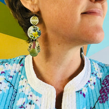 Load image into Gallery viewer, Flowers and Mixed Aquas Zero Waste Tin Chandelier Earrings