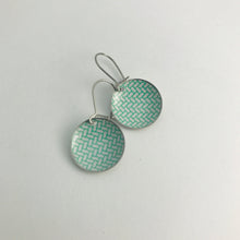 Load image into Gallery viewer, Green Herringbone on White Upcycled Tiny Dot Earrings 20th Birthday Gift