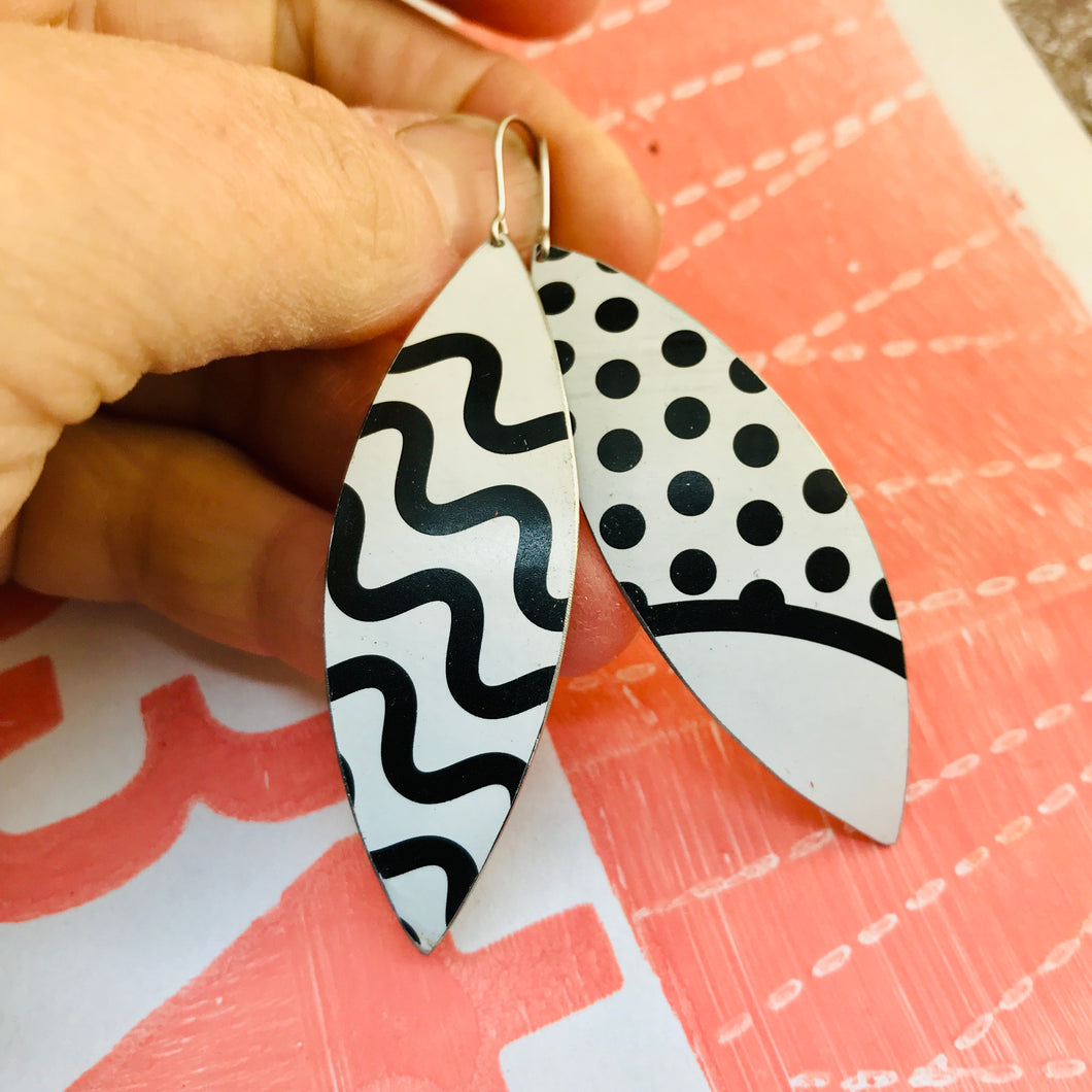 Black & White Lines Upcycled Tin Leaf Earrings