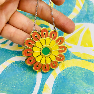 Bright Orange & Yellow Blossom Upcycled Tin Necklace