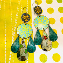 Load image into Gallery viewer, Mixed Greens and Gold Filigree Upcycled Tin Chandelier Earrings