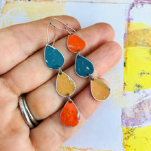 Load image into Gallery viewer, Teal, Goldenrod &amp; Fire Tri-Teardrop Upcycled Tin Earrings