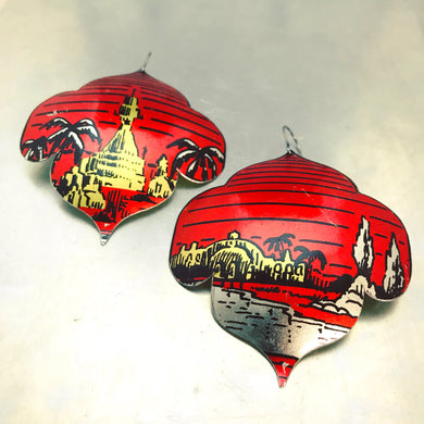 Oasis on Red Recycled Big Tin Earrings
